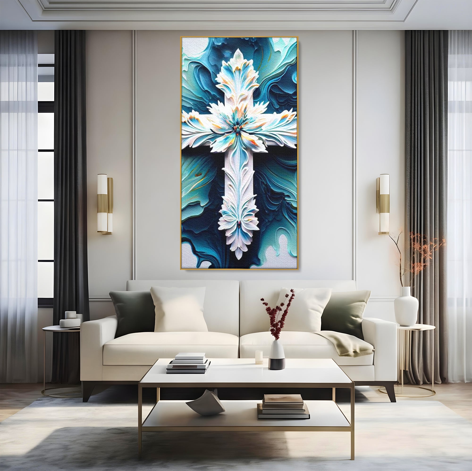 Tablou canvas cu tablou canvas cu o cruce florala, in rama de aluminiu auriu, pe perete intr-un living